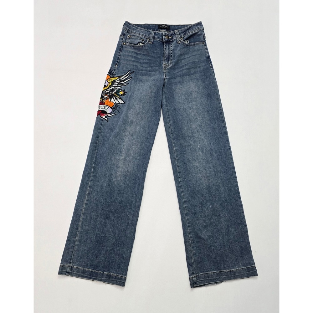 Ed Hardy Women Wide Leg Tattoo Embroidered Jeans Blue WEHD8300-2 Size 26‎ Y2K